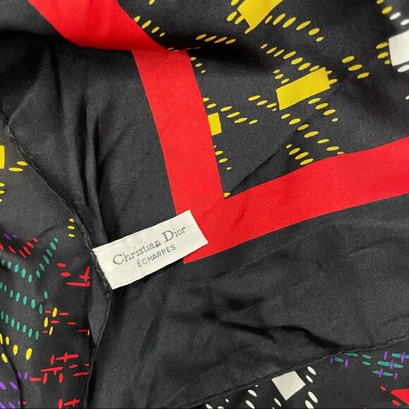 Vintage 80s Christian Dior 100% Silk Black Red Abstract Plaid 30" Square Scarf - Picture 8 of 10